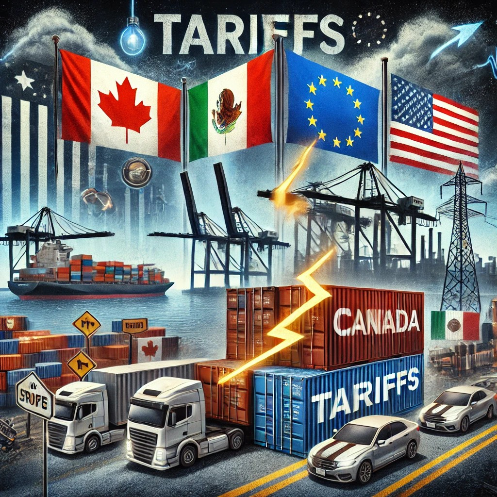 Illustration depicting the Federal Reserve discussion about inflation targets, interest rates, and consumer sentiment concerns. The image includes national flags (USA, Canada, Mexico, EU), shipping containers marked 'TARIFFS,' and freight trucks, symbolizing trade and economic impacts.