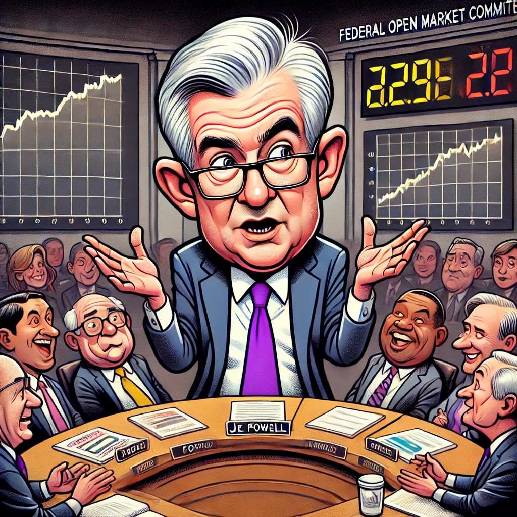 Infographic showing the core inflation hitting 2.8% in February, higher than expected, and consumer spending increasing by 0.4%. The illustration includes Federal Reserve Chairman Jerome Powell speaking at the Federal Open Market Committee meeting, with various committee members present and financial charts on display.