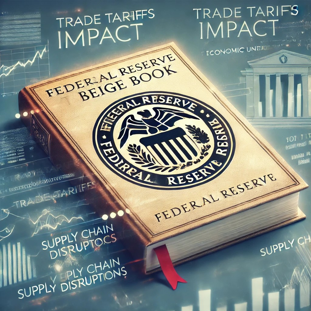 Summarizing the Federal Reserve's Beige Book, highlighting slight economic growth and concerns over tariffs. The image shows the frequency of the word 'tariff' and 'uncertainty' throughout the report, along with Atlanta’s GDPNow model forecasting a 2.8% annual growth rate amid global trade challenges.